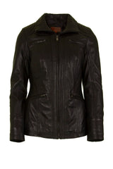 Womens Leather Jacket with Shirt Collar in Black