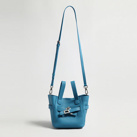 Pebbled Leather Mini Bucket Tote - Blue