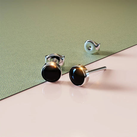 Solid 925 Sterling Silver Bezel Round Onyx Studs
