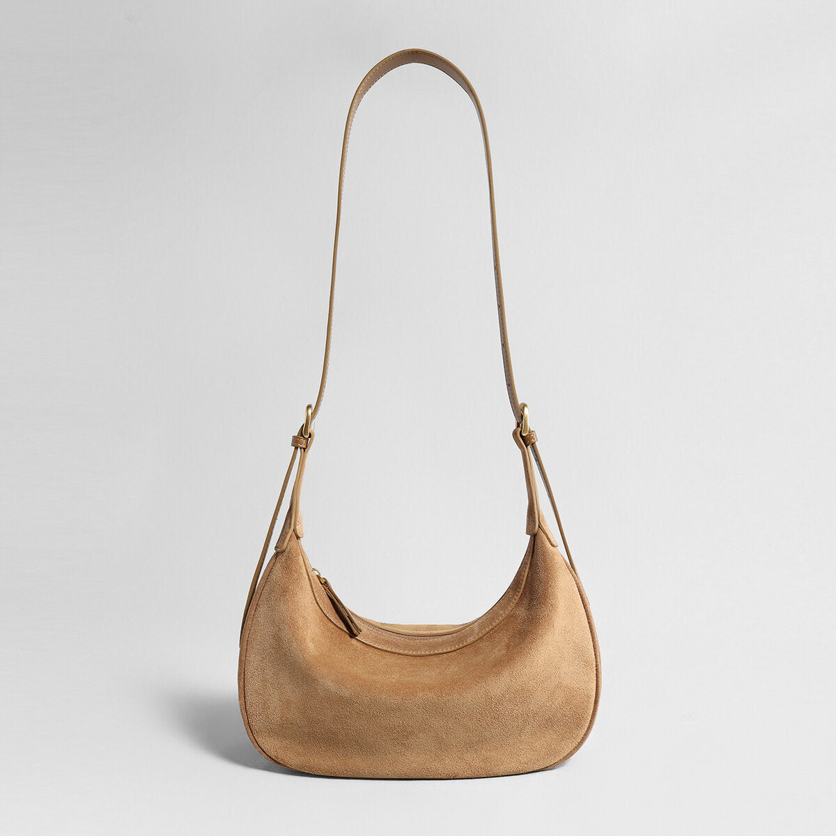 Suede Leather Crescent Hobo Bag - Camel