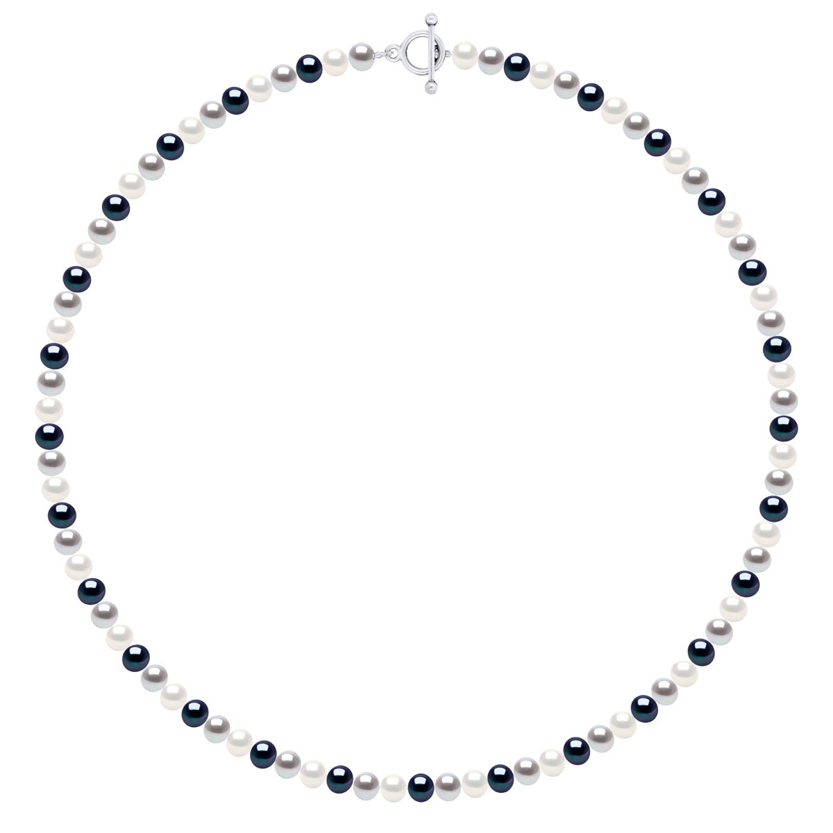 Necklace of Real Cultured Freshwater Pearls and Round 6-7 mm - Natural White + Grey (Pearl Grey) + Black "Tahitian Style" - Longueur 42 cm