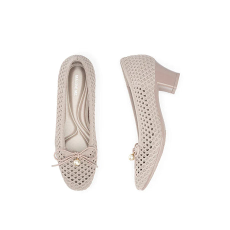 Pearl Bow Mesh Knit Round Toe Pumps - Taupe