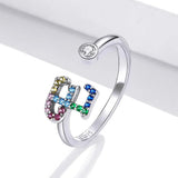 Adjustable Solid 925 Sterling Silver Colourful Rainbow Alphabet Letter Ring