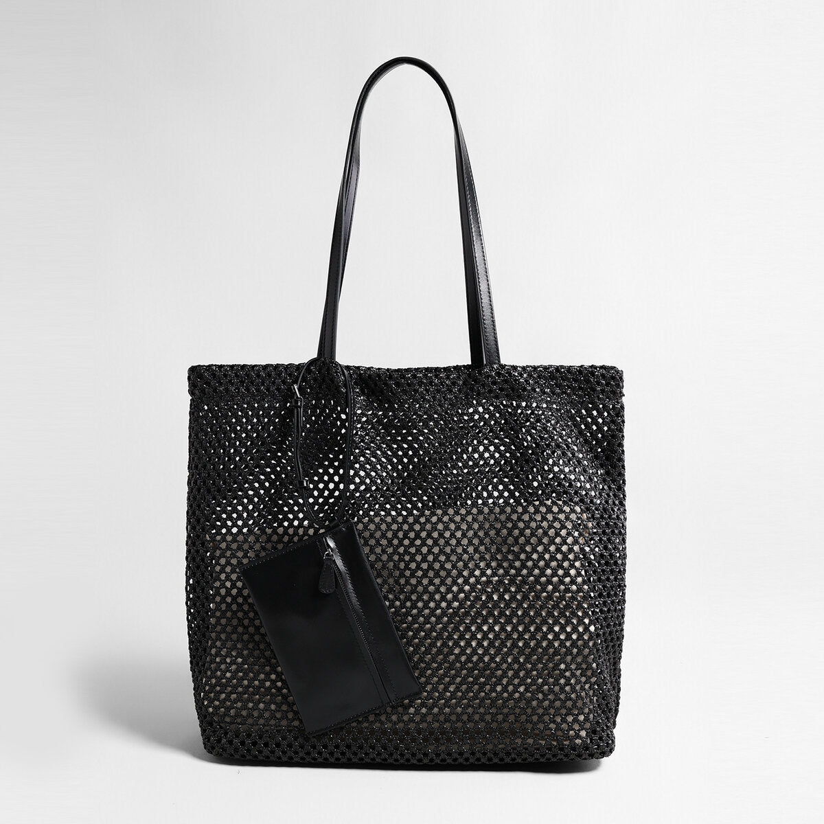 Handwoven Straw Mesh Market Tote - Black
