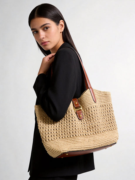 Handwoven Raffia Crochet Tote Bag - Natural