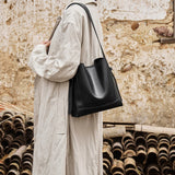 Nalandu Luxe Genuine Leather Bucket Tote Shoulder Bag - Black