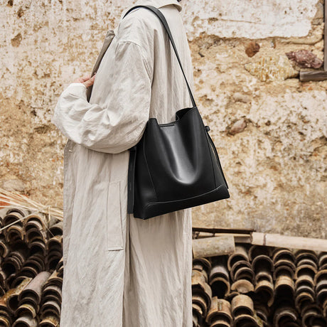 Nalandu Luxe Genuine Leather Bucket Tote Shoulder Bag - Black