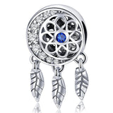 Solid 925 Sterling Silver Dream Catcher Sapphire Blue CZ Charm