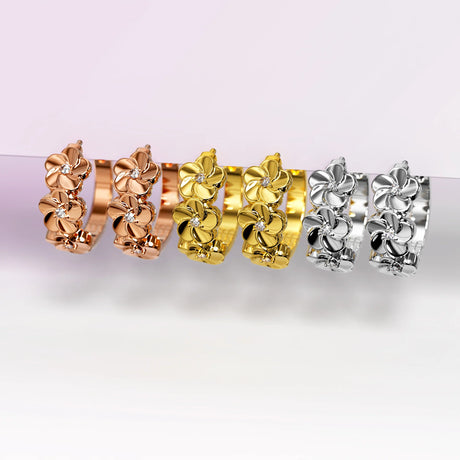 Krystal Couture Floral Trio Huggie Earrings Embellished in Swarovski Crystals in Yellow Gold