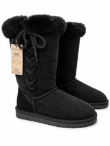 Australian Leather Ugg Tall Fur Cuff Lace Up - Black - AU4