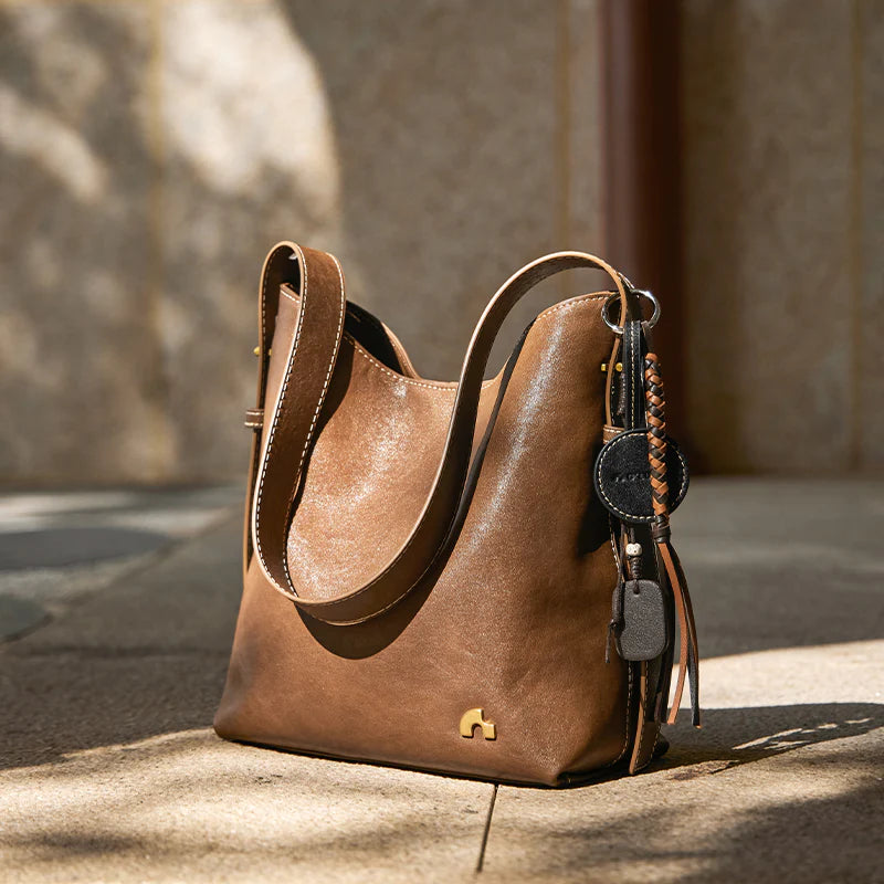 Nalandu Vintage Leather Large Capacity Tote Bag - Brown