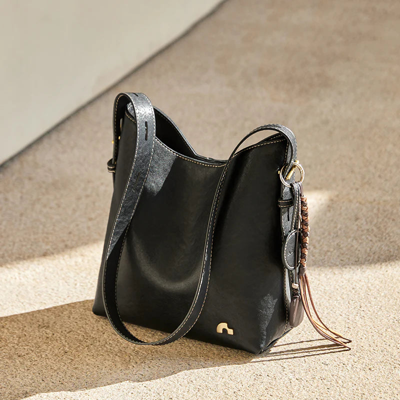Nalandu Vintage Leather Large Capacity Tote Bag - Black