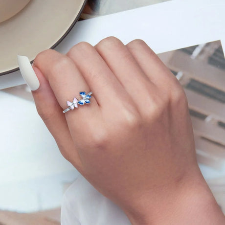 Solid 925 Sterling Silver Non-Identical Twin Butterfly Ring