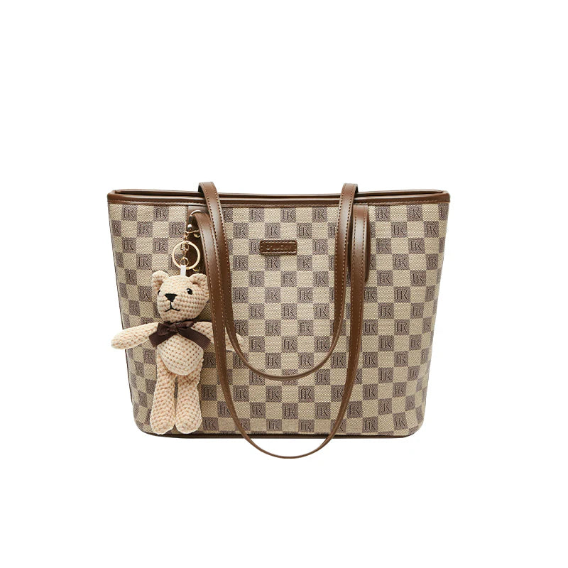 Nalandu Vintage Checkered Large Capacity Shoulder Tote Bag - Khaki