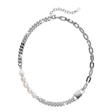 Bullion Gold Paperclip Cuban Chain Link Pearl Necklace in White Gold