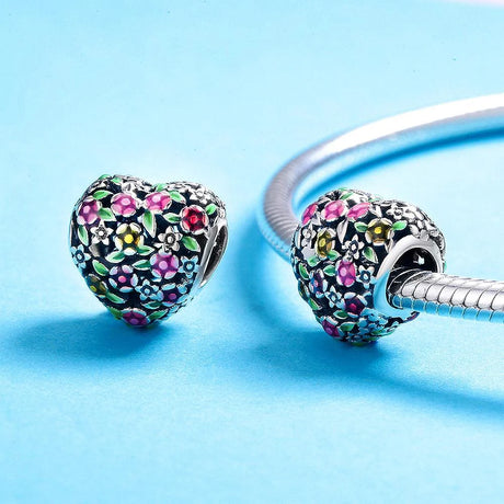 Solid 925 Sterling Silver Magnolia Bloom Heart Charm
