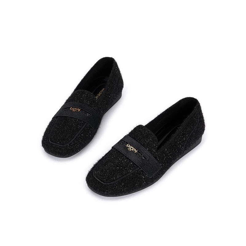 Versatile Soft Sole Slip On Tweed Loafers - Black