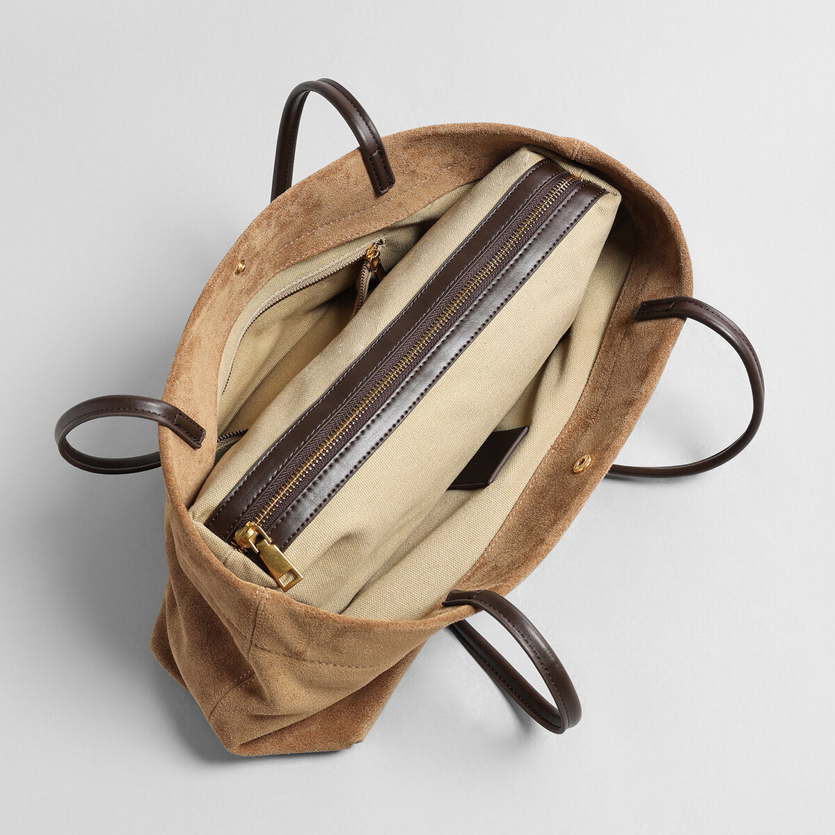 Suede Leather Wave-Top Tote Bag - Camel