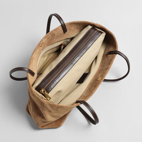 Suede Leather Wave-Top Tote Bag - Camel
