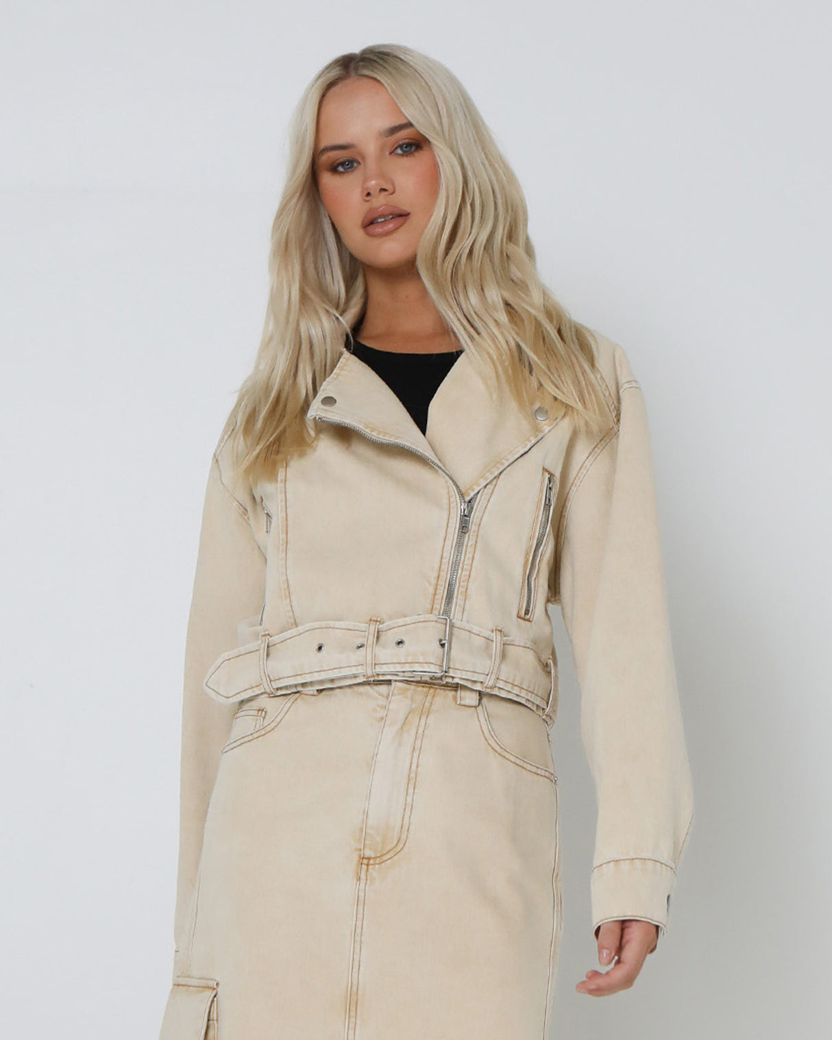 Lost In Lunar Women's Hutton Biker Jacket - Beige Denim