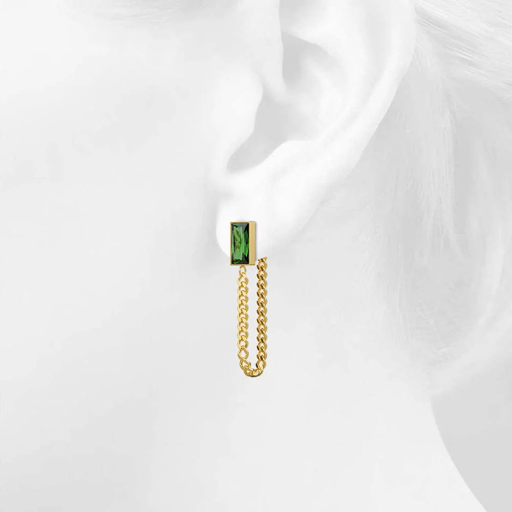 Bullion Gold Green Zirconia Dangly Stud Earrings - 45mm