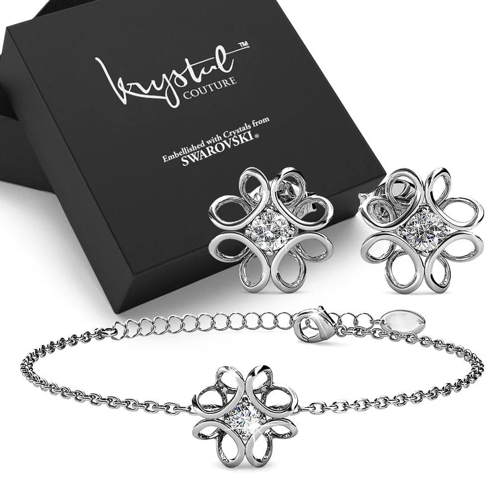 Boxed White Gold Blooming Flower Bracelet & Daffodil Hologram Stud Earrings Embellished with SWAROVSKI® Crystals Set