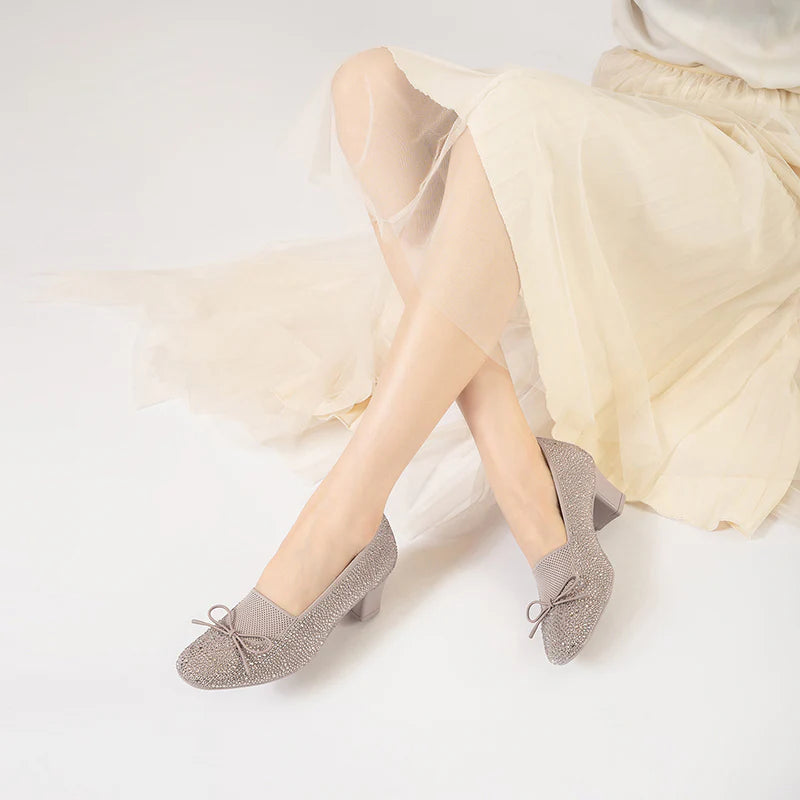 Rhinestone Bow Knit Round Toe Block Heel Pumps - Taupe