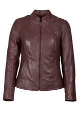 Womens Leather Stand Up Collar Jacket in Wine