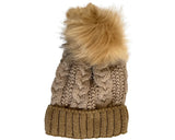 Cherry Red Cable Knit Beanie W/ Pom Pom - Brown