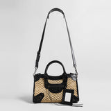 Studded Woven Straw Moto Bag - Black