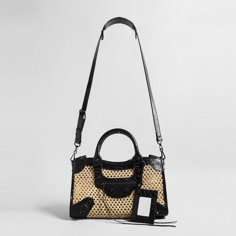 Studded Woven Straw Moto Bag - Black