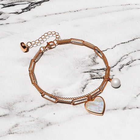 Bullion Gold From the Heart Paper Clip Chain Rose Gold Layered Stainless Steel Bracelet