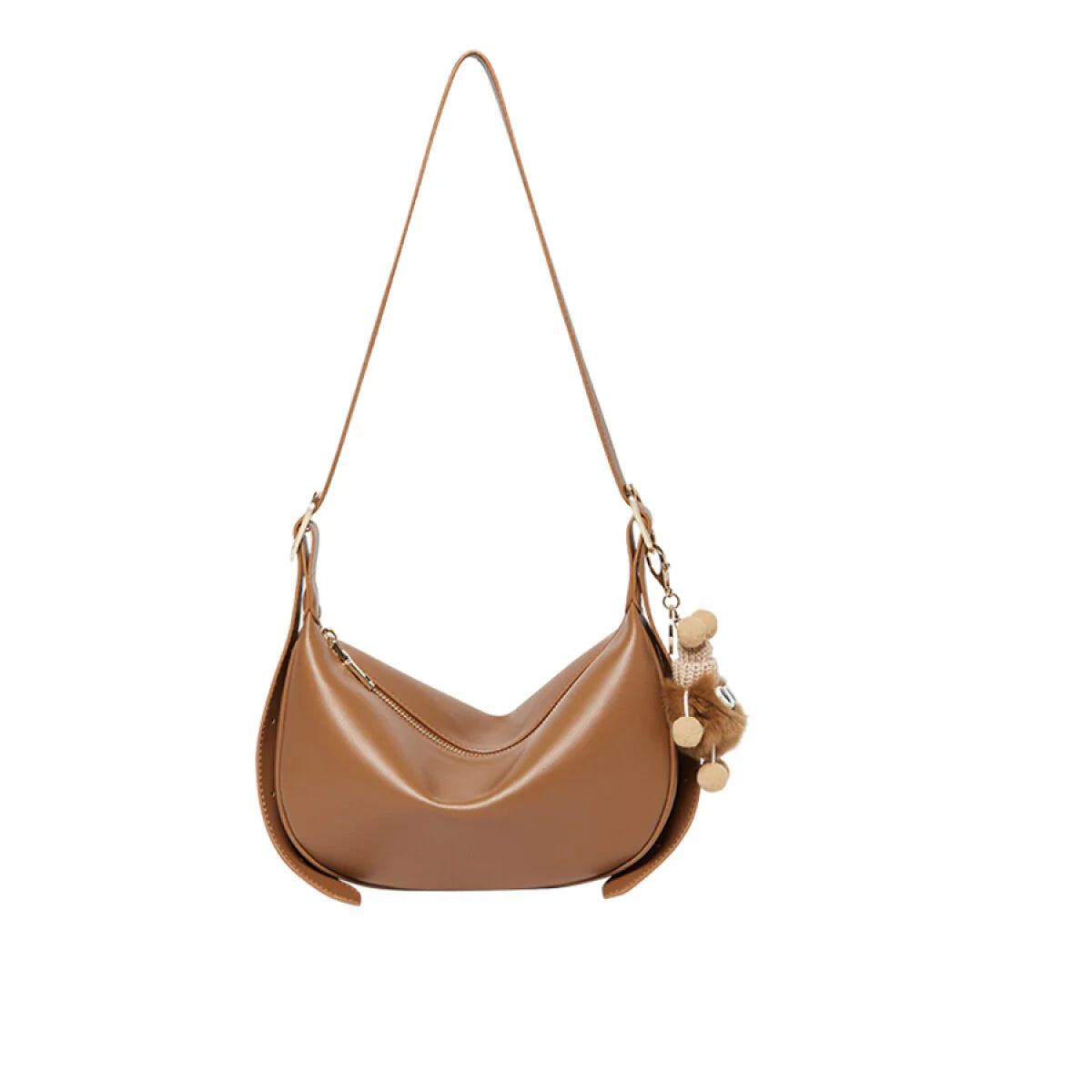 Nalandu Crescent Leather Crossbody Shoulder Bag with Bear Charm - Brown