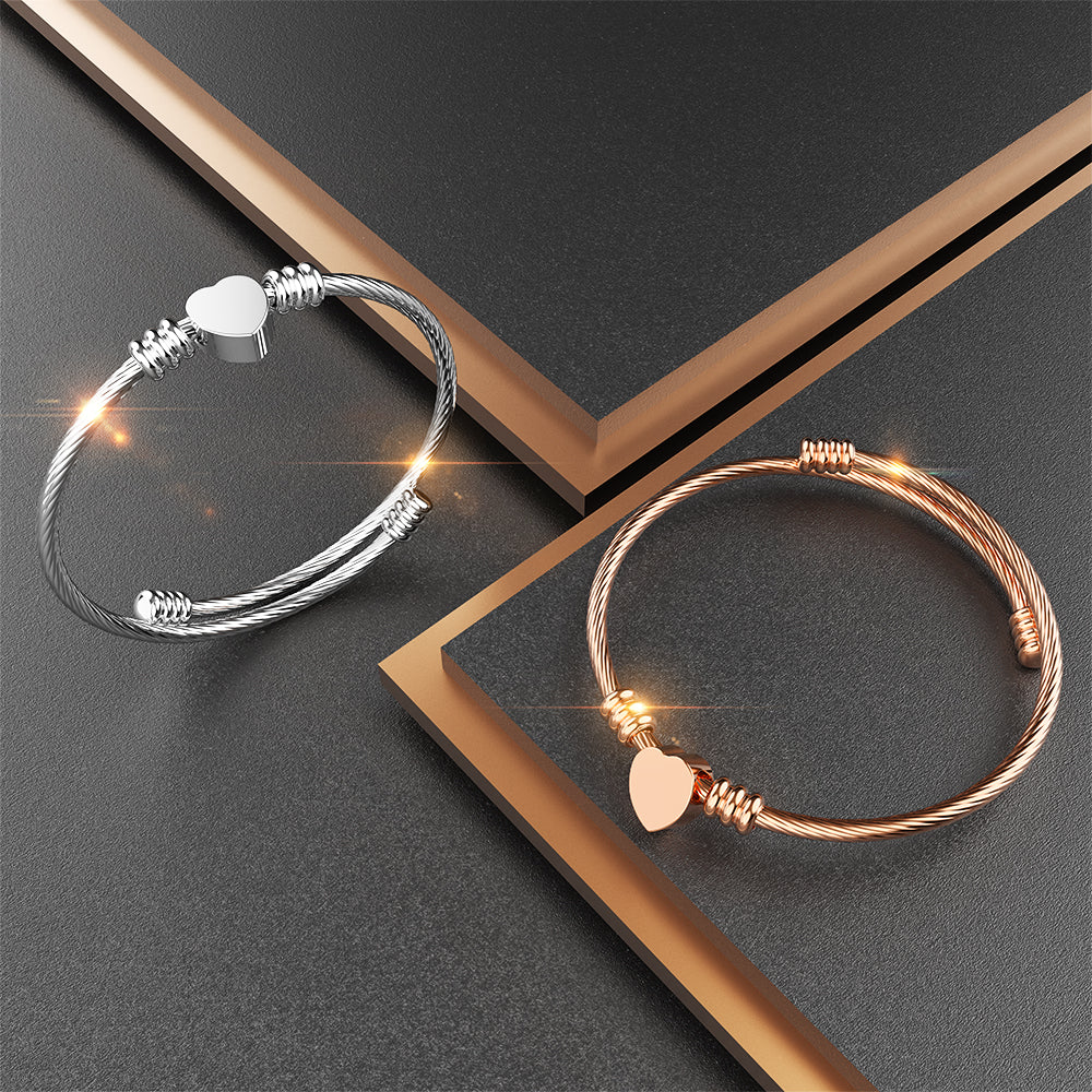 Bullion Gold Heart Motif Charmed Stretched Spiral Coil Bangle White Gold Layered