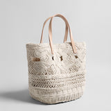Multi-Pattern Macrame Basket Tote - Ivory