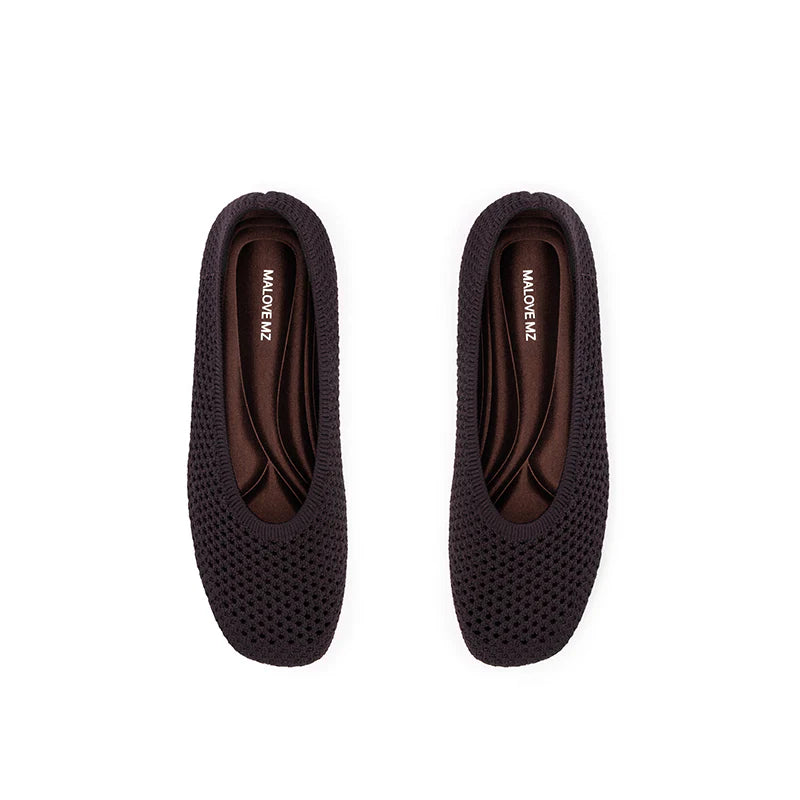 Heart Mesh Knit Square Toe Wedge Flats - Chocolate