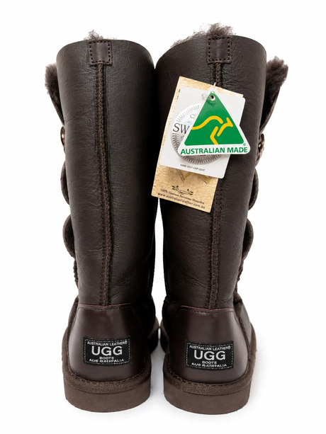 Australian Leather Ugg 3 Emerald Crystal Cut Buttons Sheepskin - Chocolate - AU4