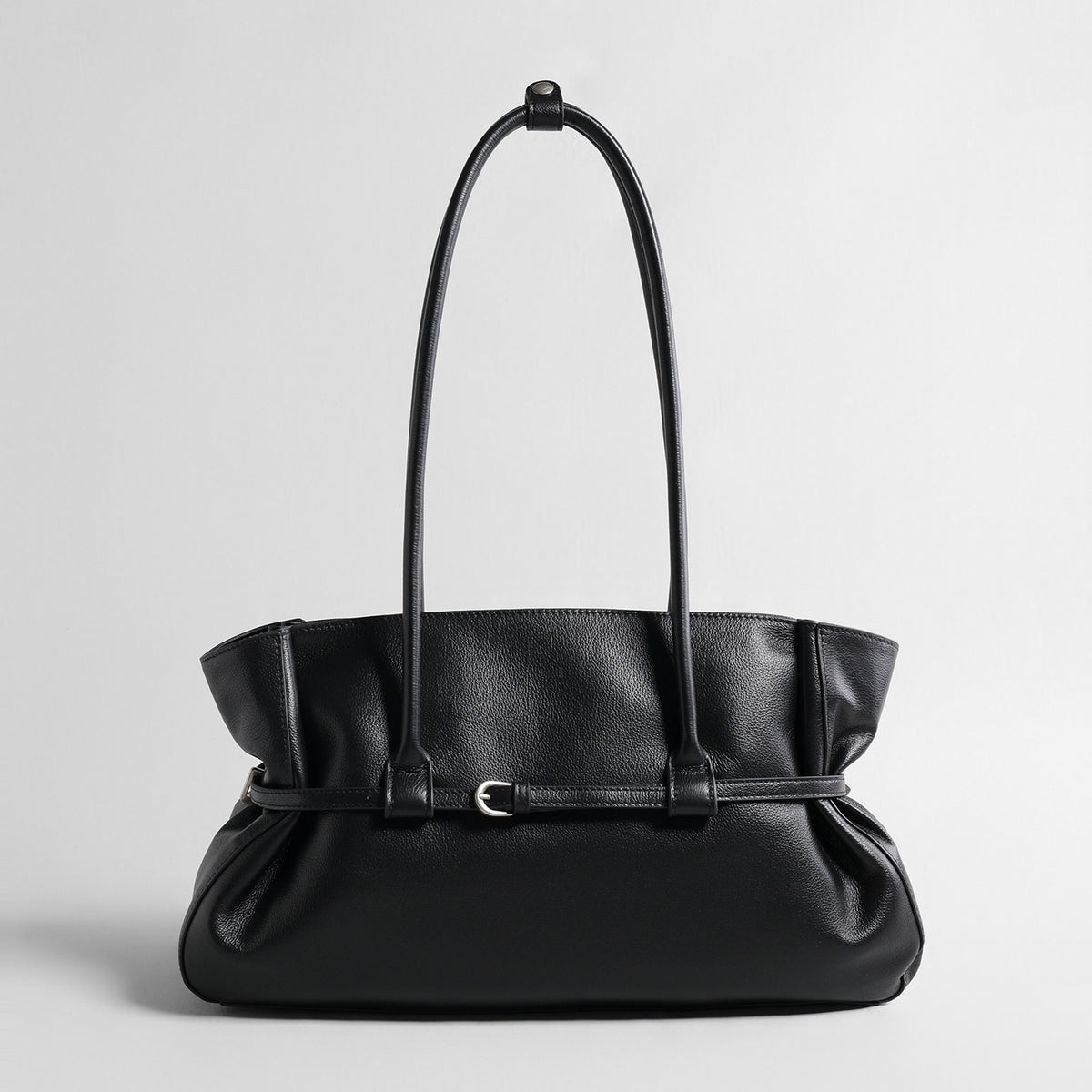 Slouchy Belted Leather Tote Bag – Pebbled Cowhide Shoulder Bag