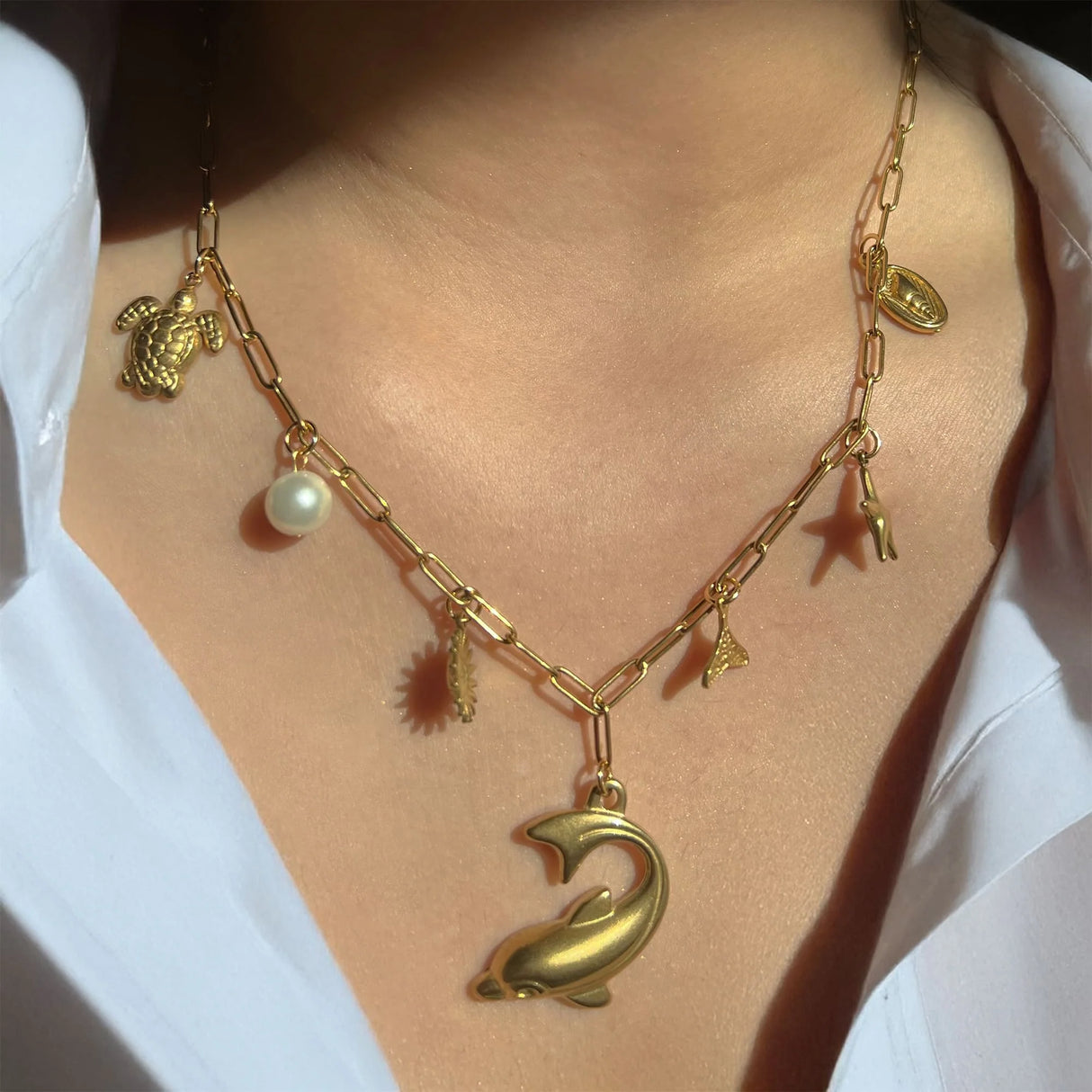 Bullion Gold Beaded Sea Gold Charm Gold Necklace