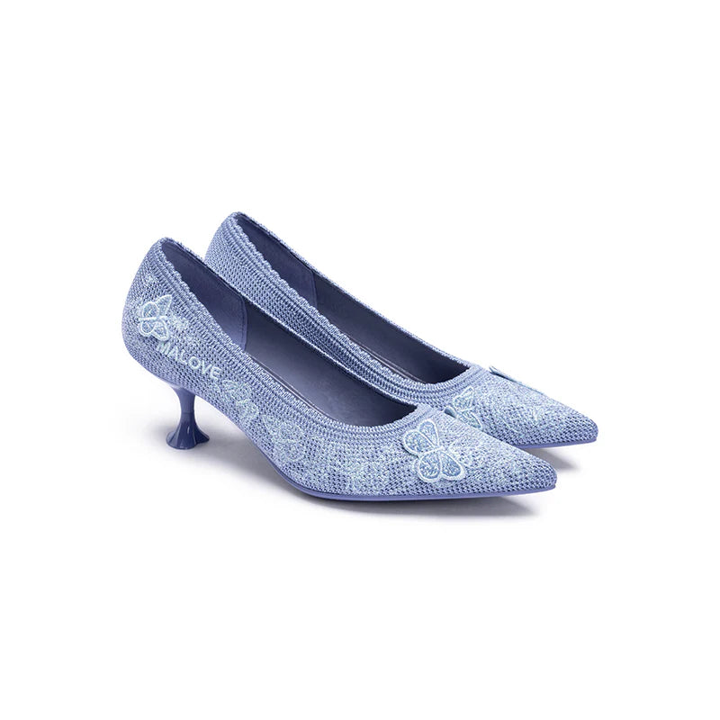Floral Butterfly Pointed Toe Kitten Heels - Blue