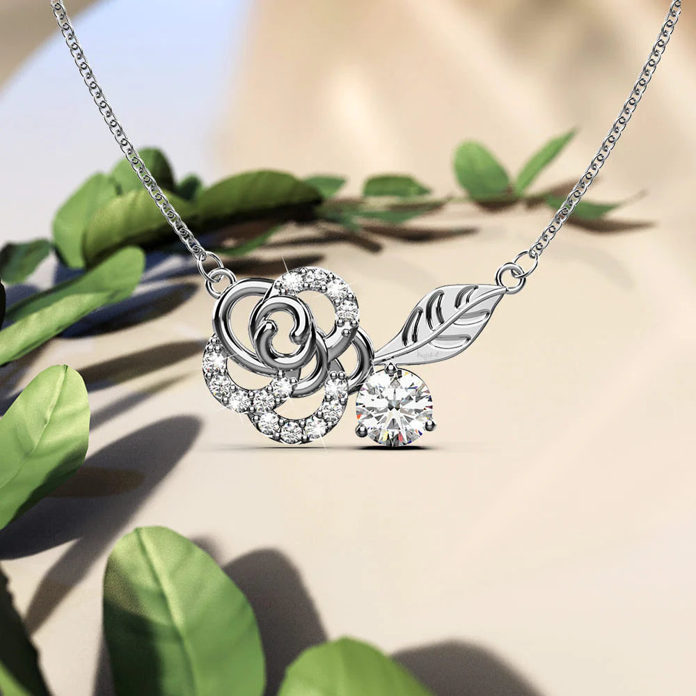 Krystal Couture Rose Petal Pendant Necklace in White Gold Embellished with SWAROVSKI Crystals