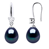 Drop Earrings Freshwater Pearl & Cubic Zirconia Black Sterling Silver 8-9mm