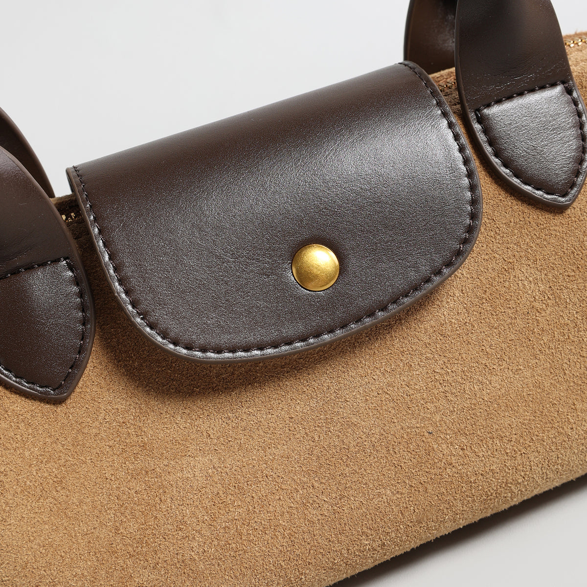 Suede Baguette Bag – Contrast Leather Shoulder Bag with Brass-Tone Snap