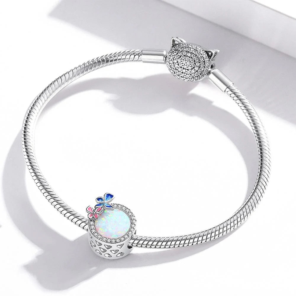 Solid 925 Sterling Silver Pink and Blue Inlay Couple Butterfly Pandora Inspired Charm