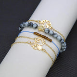 Boxed Bohemian Multi Layered Charm Bead Bracelet and Hoop Gold Plated Earrings Set - Blue