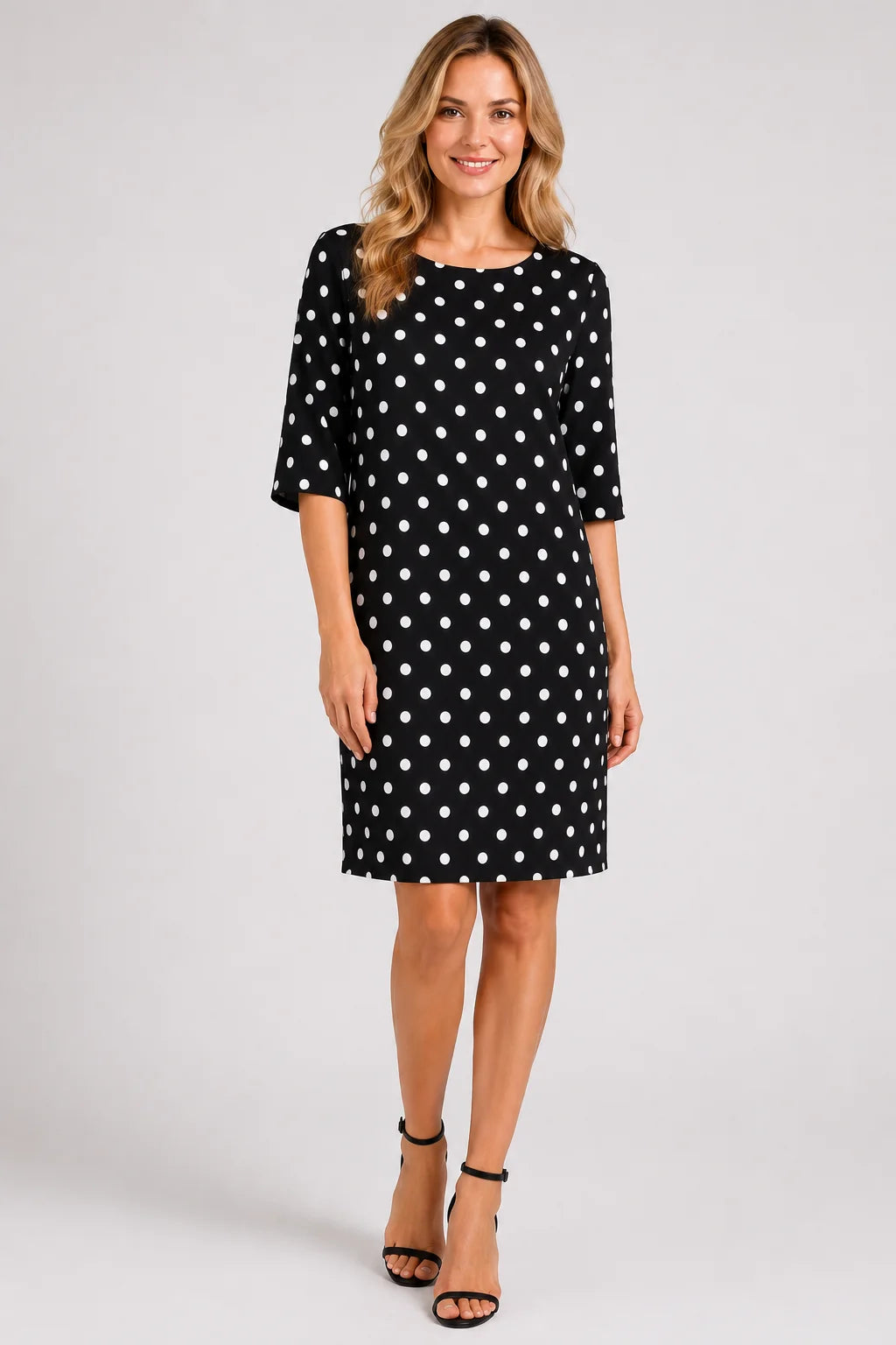 Worship Women's Round neck with Elbow Length Sleeve Dress - Black Polka Dot