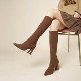 Pointed Toe Block Heel Stretch Knee High Boots - Coffee