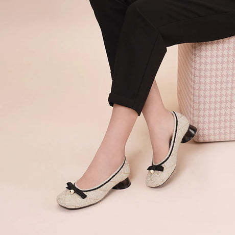 Classic Bow Tweed Quilted Pumps - Ivory