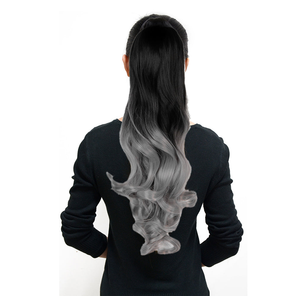 Two Tone Ombre High Grade Silver Gray Curly Clip On Pony Tail 24" Hair Clamp 09