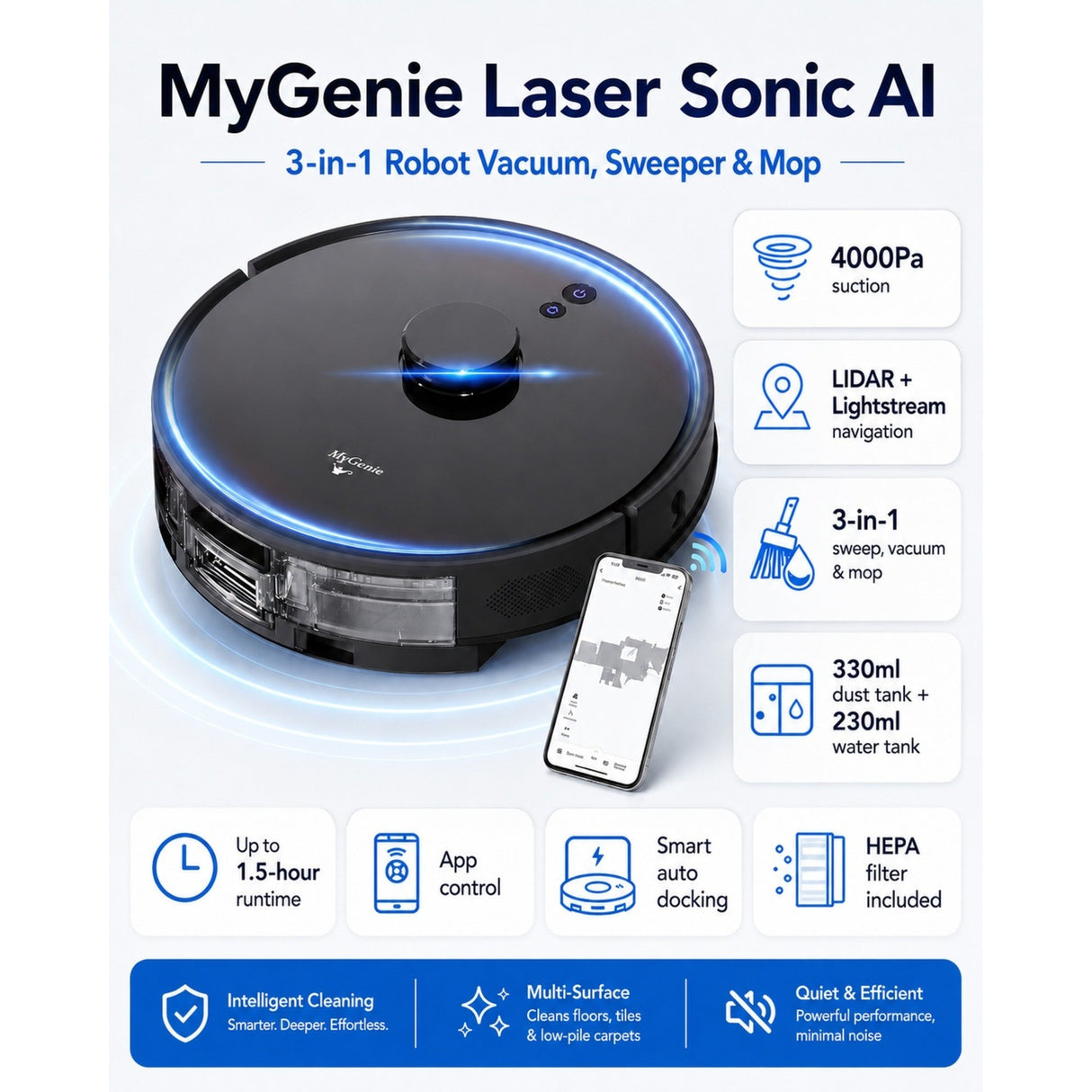 MyGenie Laser Sonic AI Robotic Vacuum and Mop